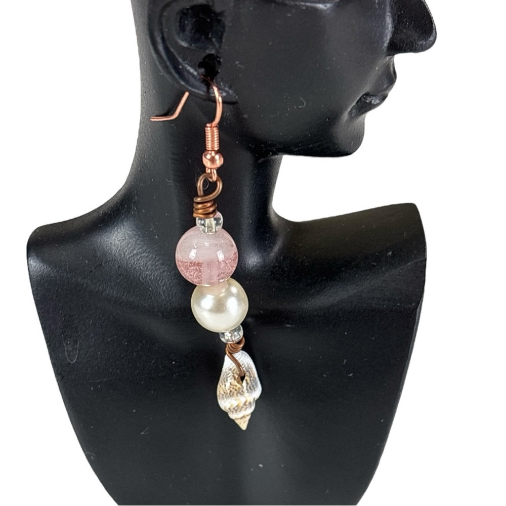 Elegant Boho Pink gemstone and Gold Shell Drop Earrings Cosmic Dreamer Creation